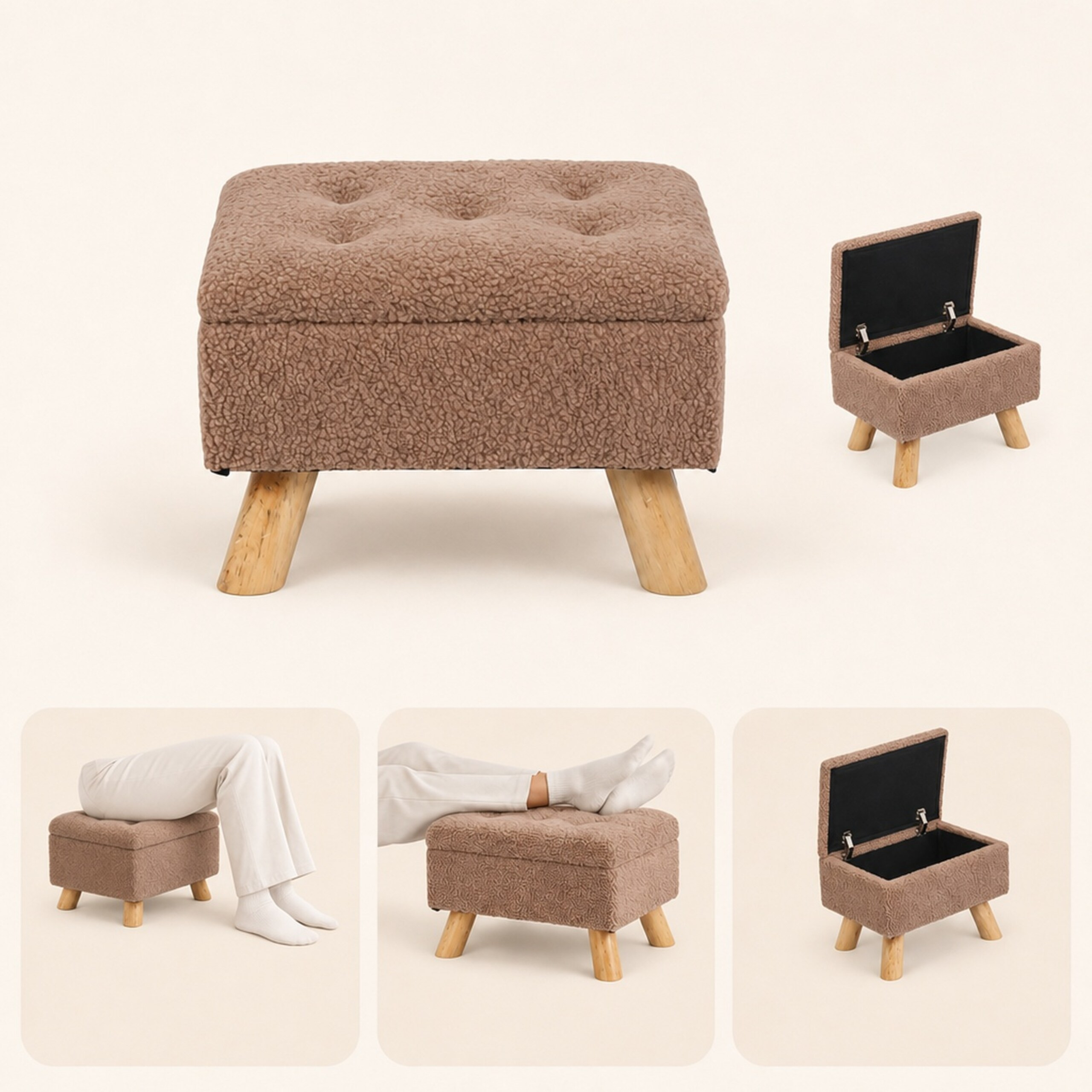 Ein brauner Aufbewahrungs-Hocker mit Holzbeinen, geschlossen, offen und in Gebrauch.