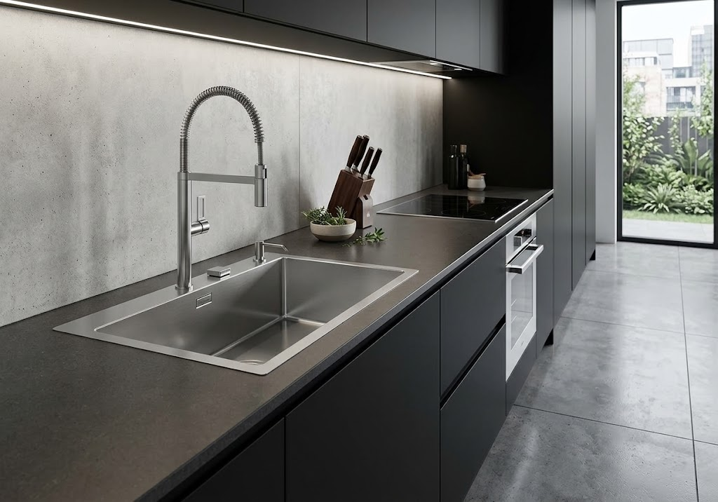 Una cucina minimalista moderna con lavello in acciaio inox, mobili scuri, piani di lavoro scuri e illuminazione.
