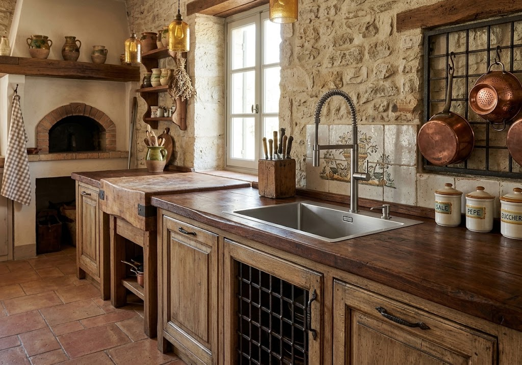 Una cucina rustica con pareti in pietra, mobili in legno, forno e padelle di rame appese.