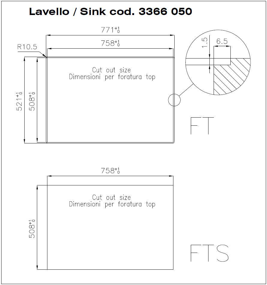 Disegno tecnico con le dimensioni di taglio per un lavello.