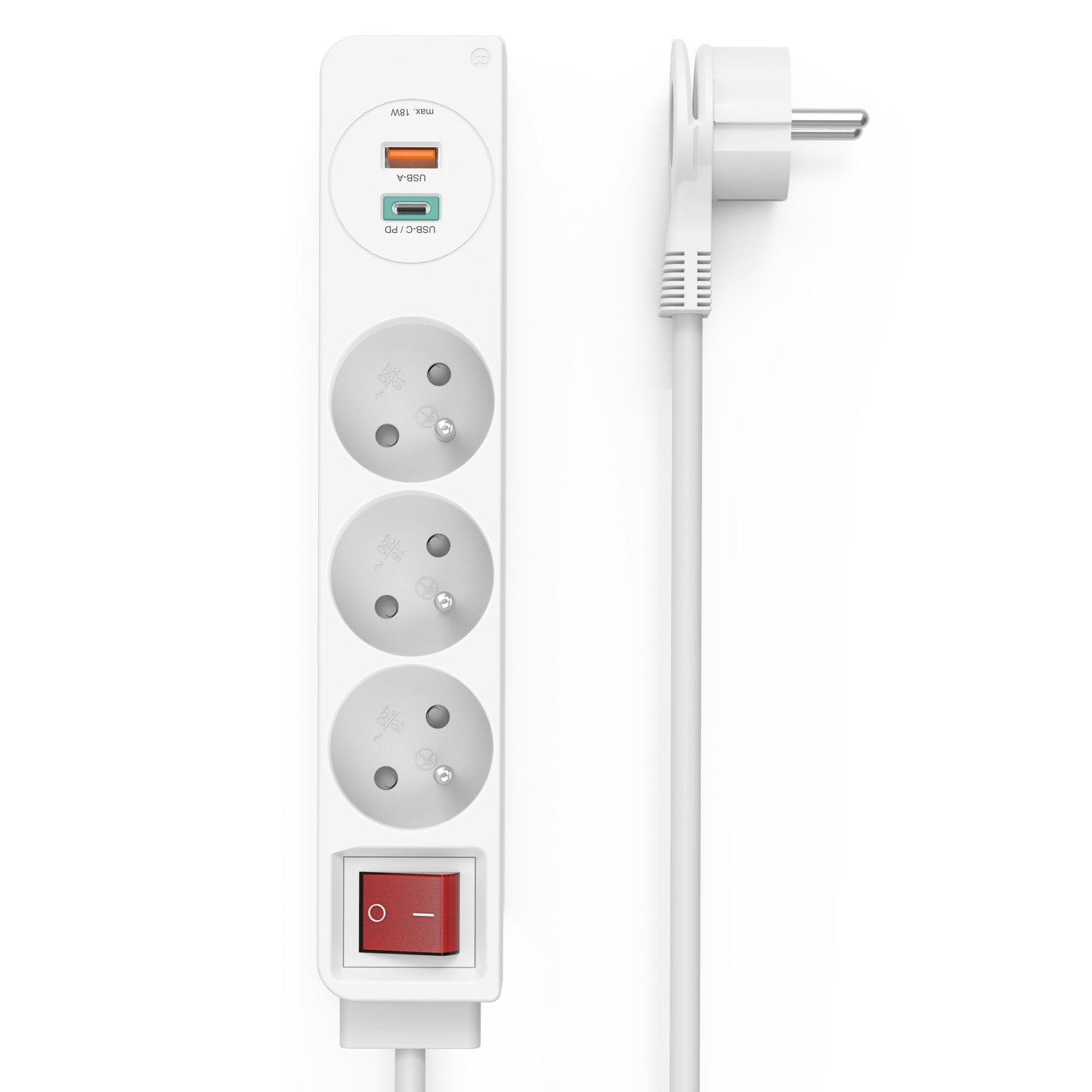 Biała listwa zasilająca z trzema gniazdami, portami USB-A i USB-C, czerwonym wyłącznikiem i wtyczką.