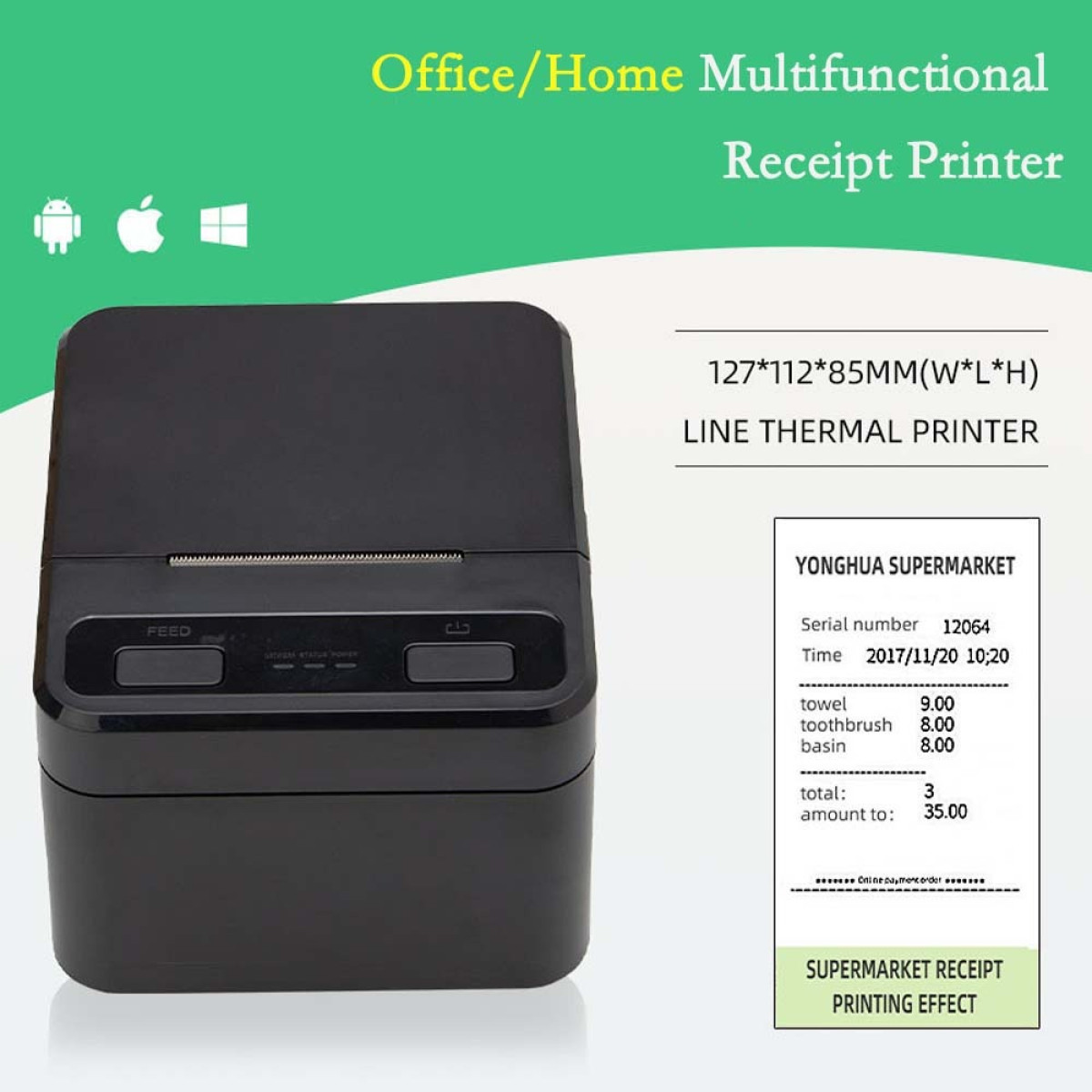 Ein schwarzer Thermobonerdrucker neben einem gedruckten Supermarktbeleg und Textdetails.