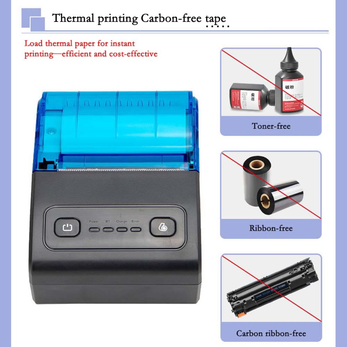 Ein schwarz-blauer Thermodrucker mit Symbolen für tonerfrei, farbbandfrei und kohlebandfrei.