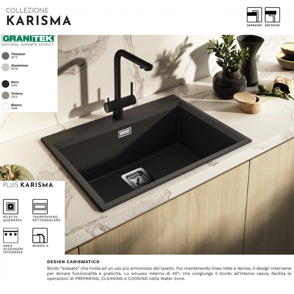 Lavello in granito nero con miscelatore abbinato su piano in marmo in una cucina moderna.