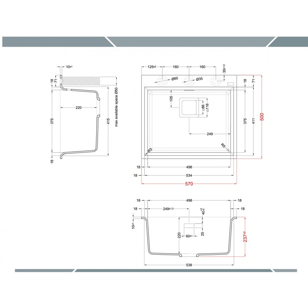 Disegno tecnico di un lavello da cucina con quote da tre angolazioni.
