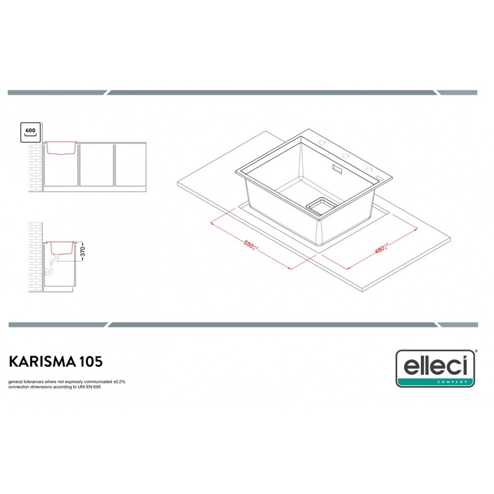 Disegno tecnico del lavello Karisma 105 con dimensioni e logo Elleci.