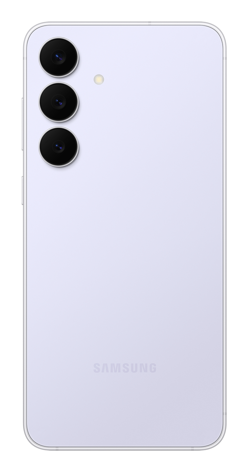 Tył jasno fioletowego smartfona z trzema pionowymi aparatami i logo Samsung.
