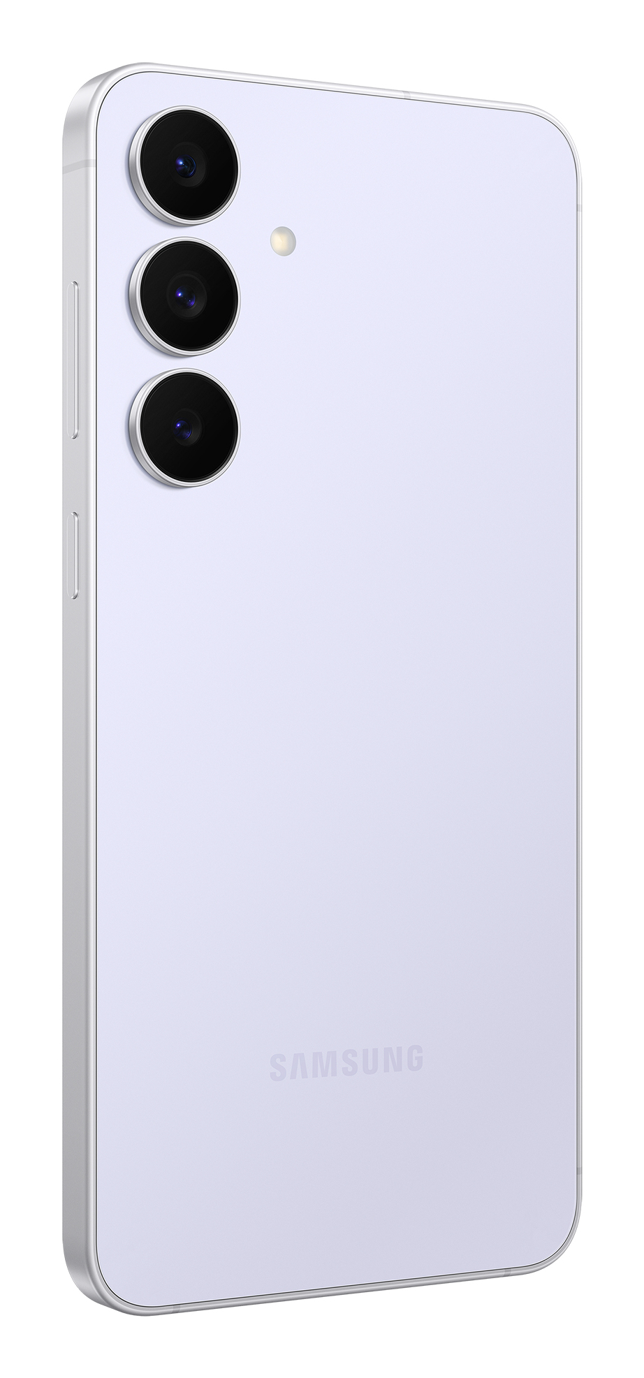 Tył jasnofioletowego smartfona z trzema pionowo ułożonymi aparatami i logo Samsung.