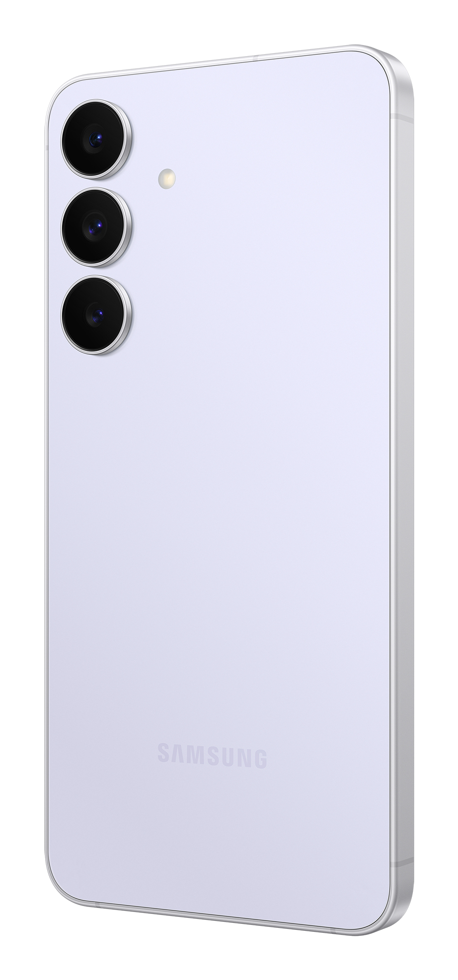 Tył jasnofioletowego smartfona Samsung z trzema pionowymi aparatami i lampą błyskową.