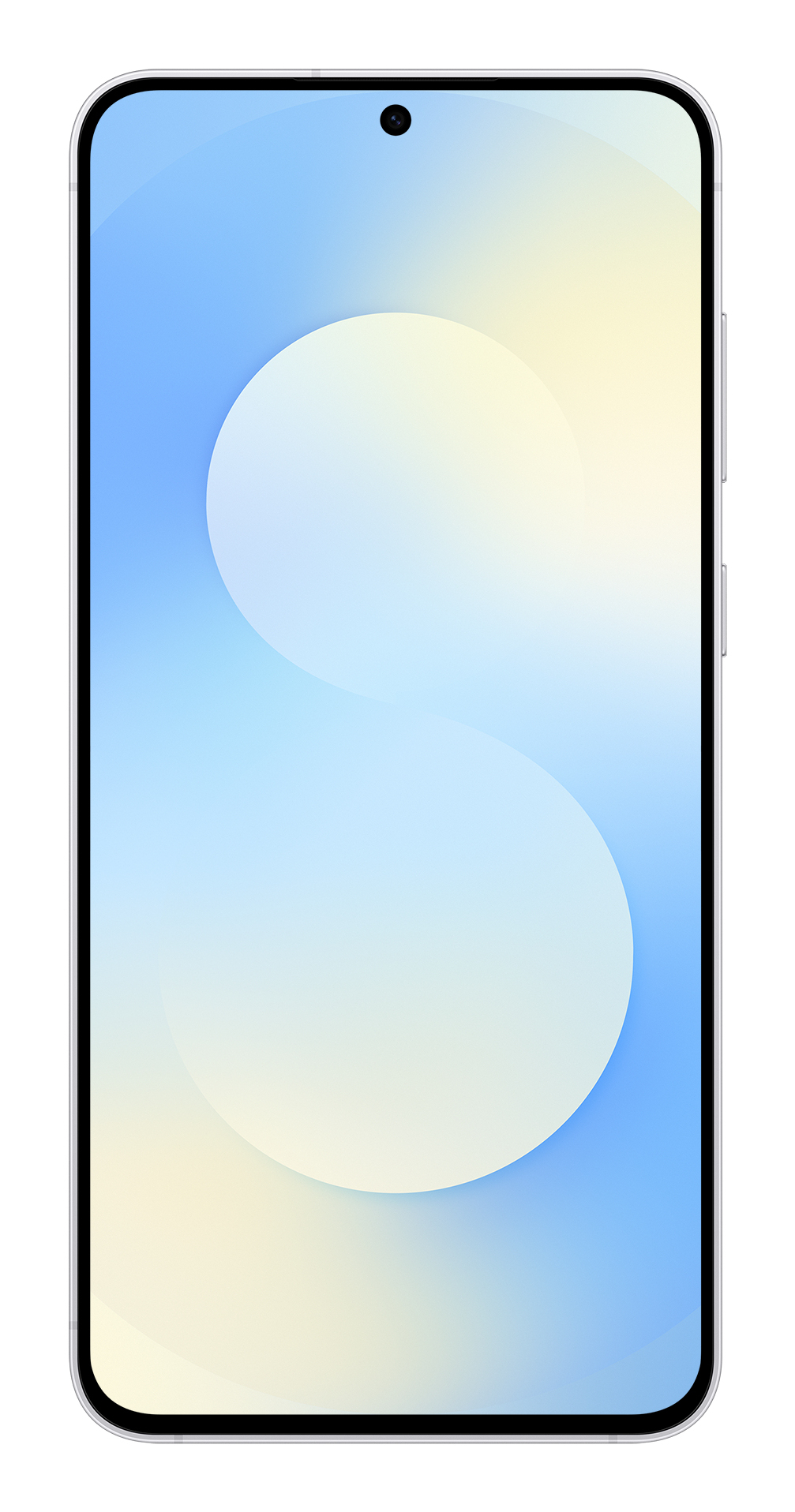 Smartfon z zaokrąglonymi rogami wyświetla niebiesko-żółtą tapetę z gradientem i okręgami.