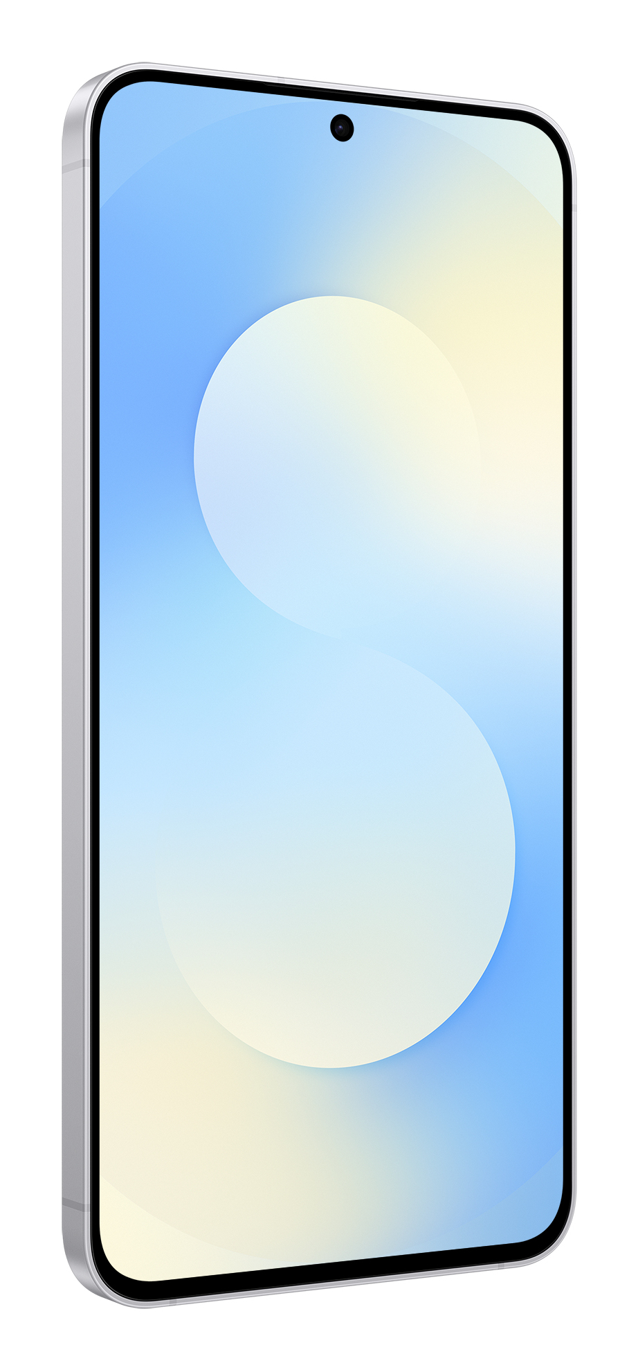 Smartfon nachylony w lewo z niebiesko-żółtą abstrakcyjną tapetą na ekranie i aparatem u góry pośrodku.