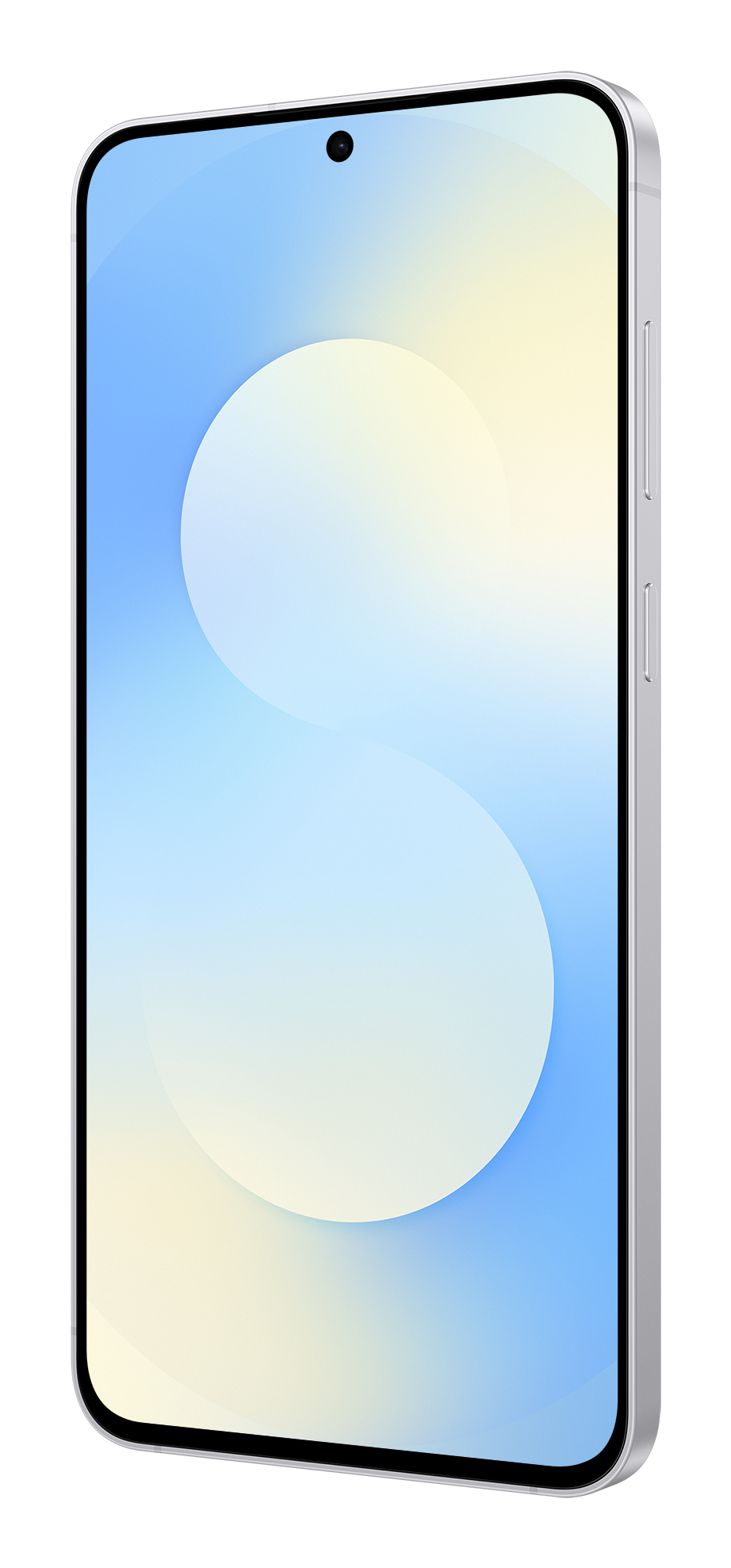 Biały smartfon w perspektywie z niebiesko-żółtym abstrakcyjnym ekranem.