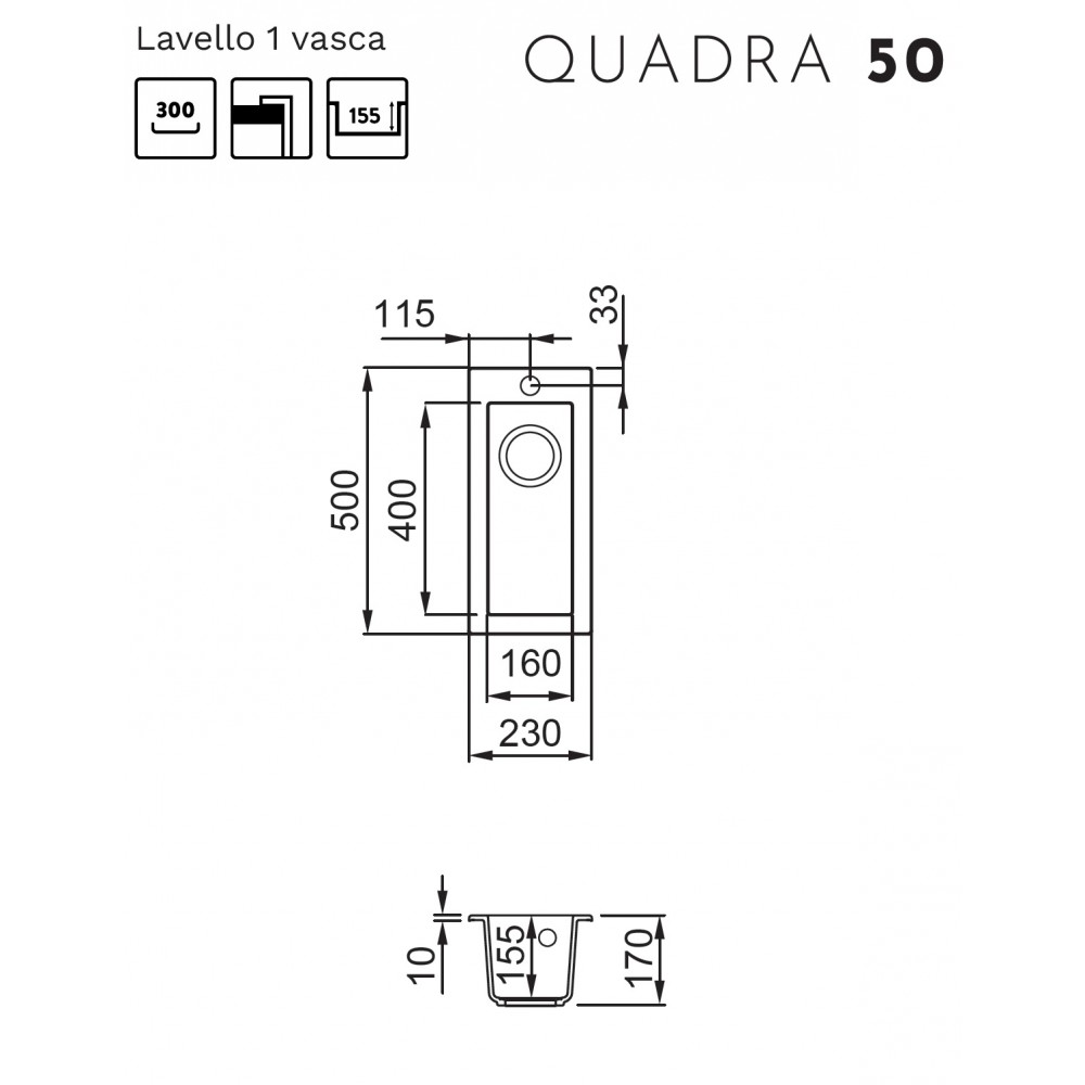 Disegno tecnico del lavello Quadra 50 con quote e icone.