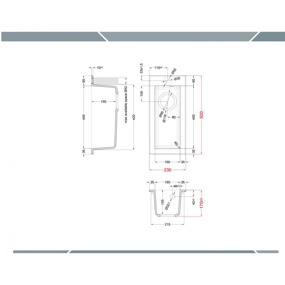 Disegno tecnico di un lavello con dimensioni in millimetri da tre angolazioni.