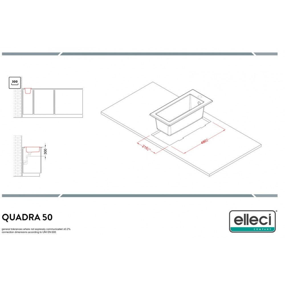 Disegno tecnico del lavello Quadra 50 con quote, intaglio e viste laterali con tubazioni.