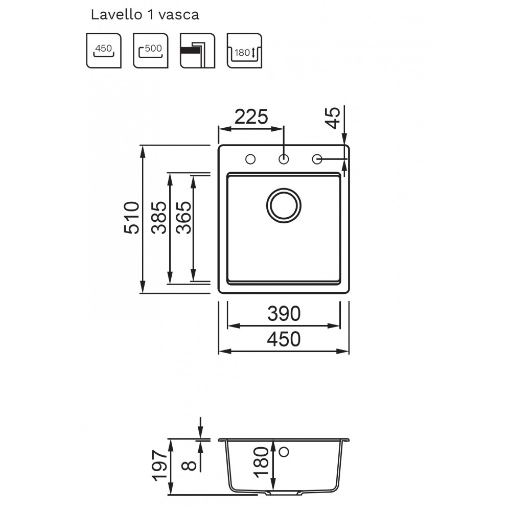 Disegno tecnico di un lavello quadrato a una vasca con dimensioni precise.
