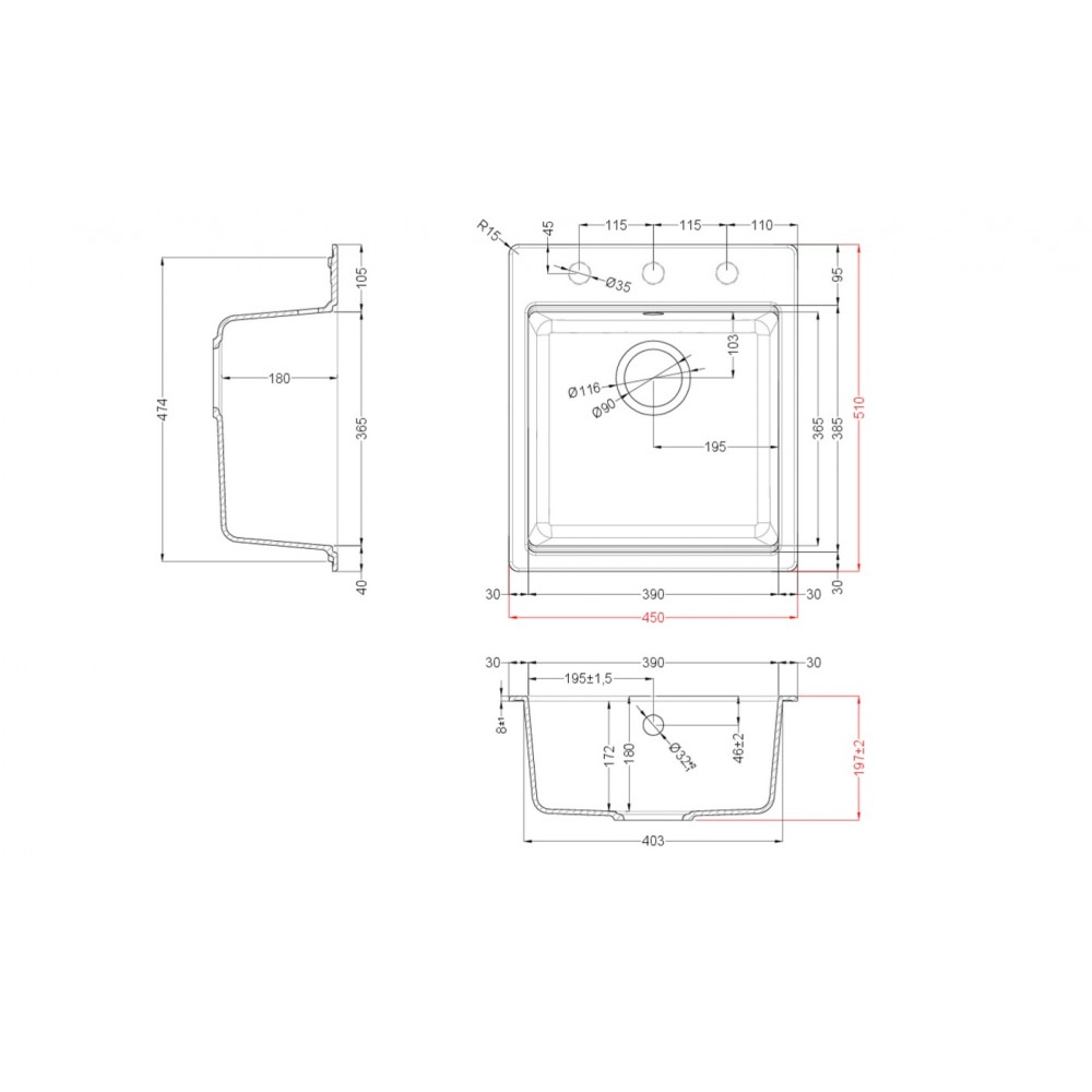 Disegno tecnico di un lavello da cucina con quote in millimetri da tre viste.