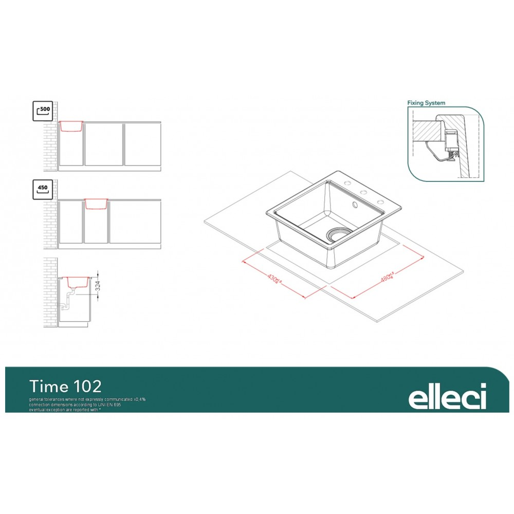 Disegno tecnico del lavello Time 102 con dimensioni e dettagli di installazione di elleci.