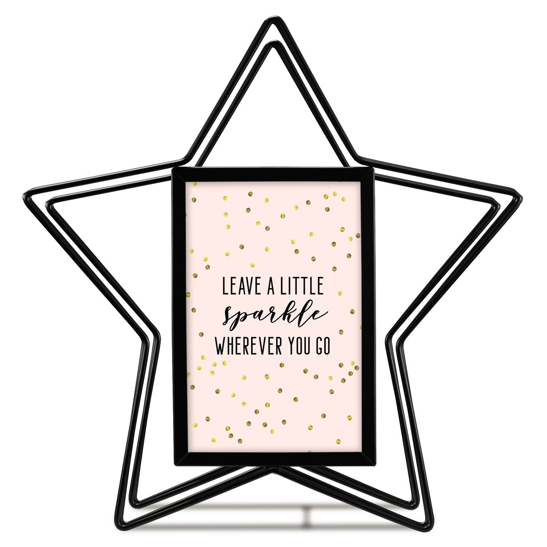 Czarna metalowa ramka w ksztalcie gwiazdy z napisem "Leave a little sparkle wherever you go" na rozowym tle.