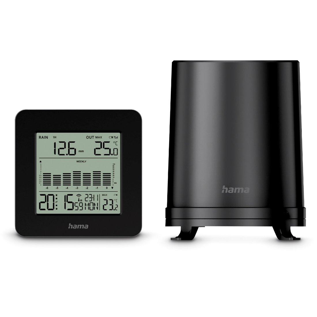 Eine schwarze Hama-Wetterstation mit Display und ein dazu gehöriger schwarzer Regensensor auf weißem Grund.