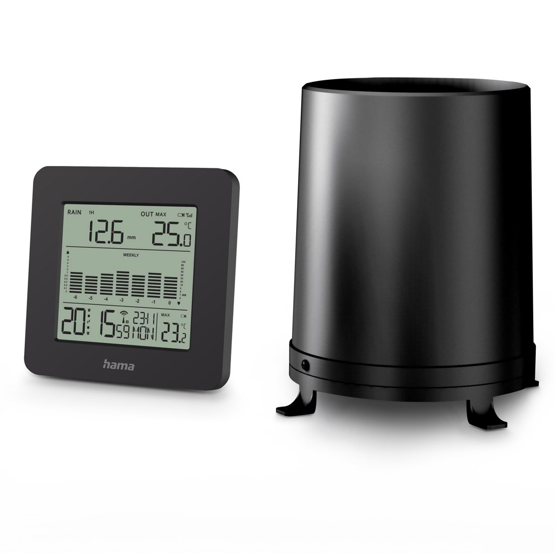 Ein schwarzes digitales Wetterstationsdisplay mit Bar-Diagrammen neben einem zylindrischen Regenmesser auf weißem Grund.