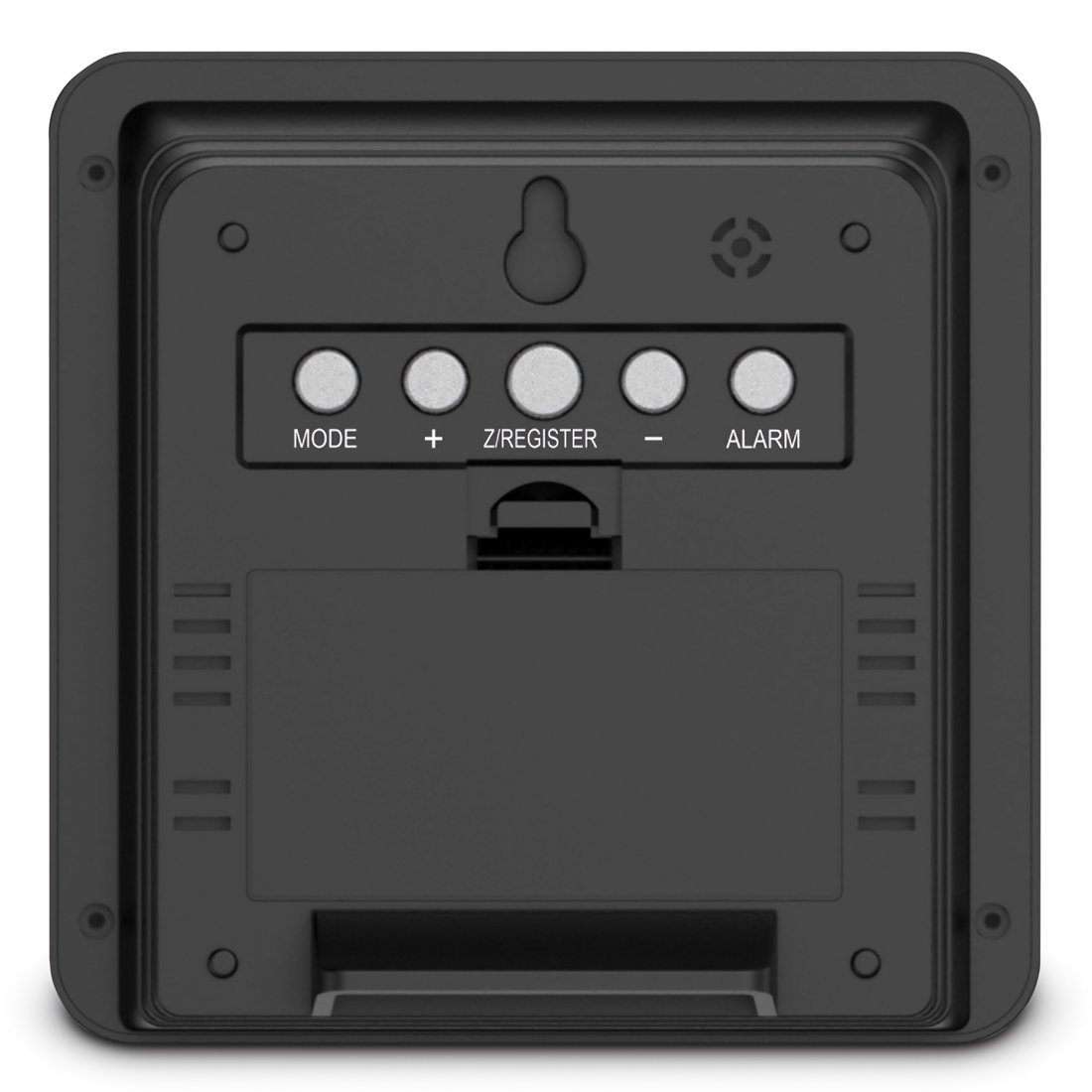 Rückseite einer schwarzen Uhr mit fünf runden Tasten, Batteriefach und Wandhalterungsschlitz.