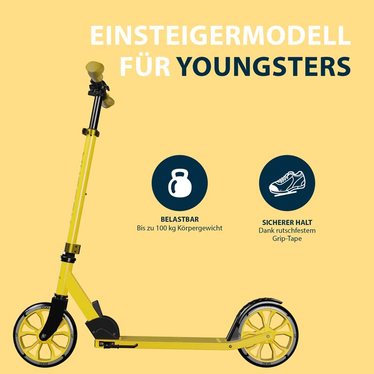 Gelber Kinderroller vor gelbem Hintergrund mit zwei Infografiken und Text.