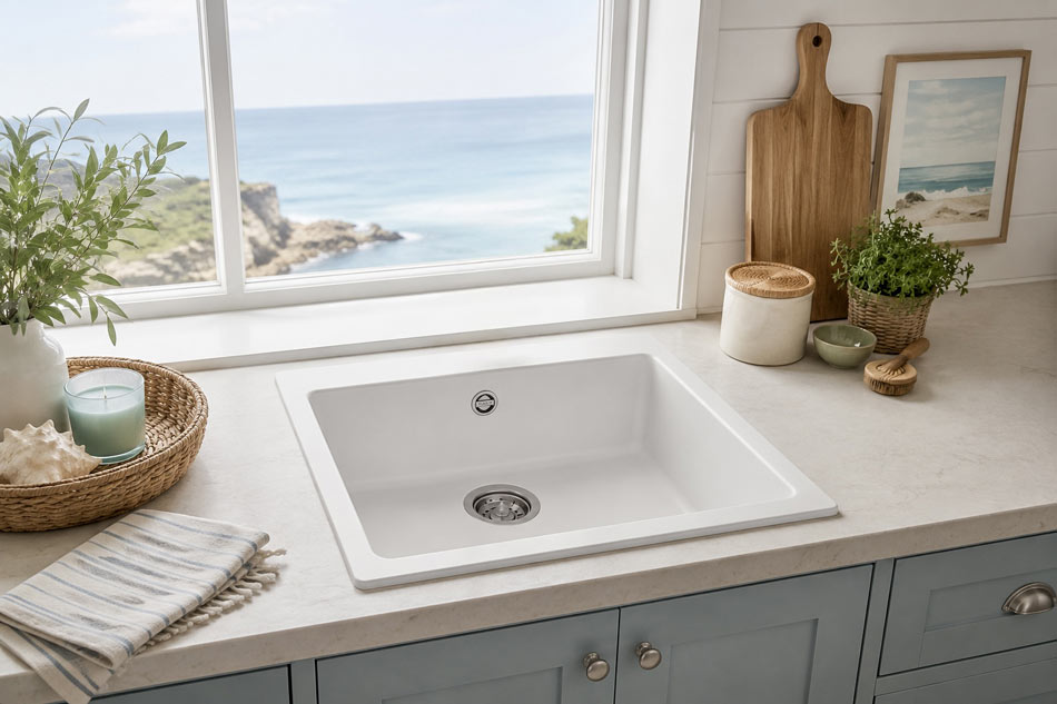 Lavello da cucina bianco su un piano di lavoro chiaro davanti a una finestra con vista sull'oceano.