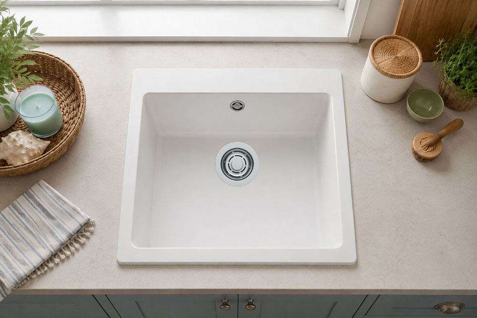 Un lavello da cucina bianco su un piano di lavoro chiaro con accessori.
