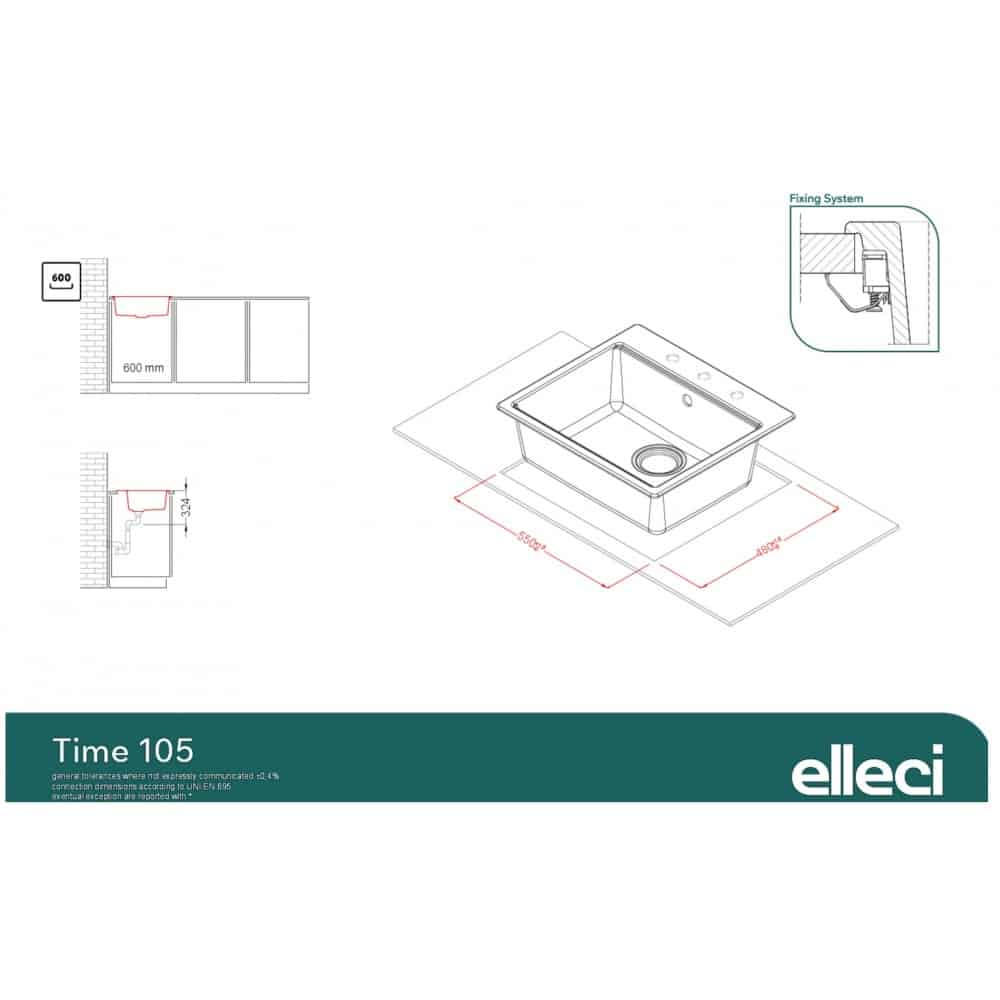 Disegno tecnico di un lavello Elleci Time 105 con dimensioni, schizzi di installazione e sistema di fissaggio.