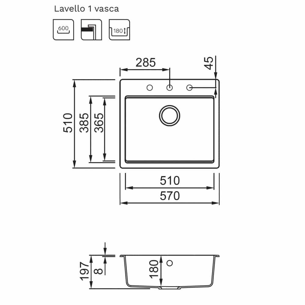 Disegno tecnico di un lavello rettangolare a una vasca con dimensioni e dettagli.