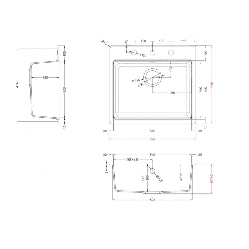 Disegno tecnico di un lavello da cucina con misure precise in millimetri da varie prospettive.