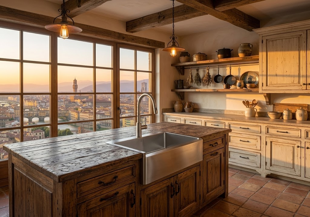Cucina rustica con isola in legno, mensole aperte e ampie finestre con vista sulla città al tramonto.