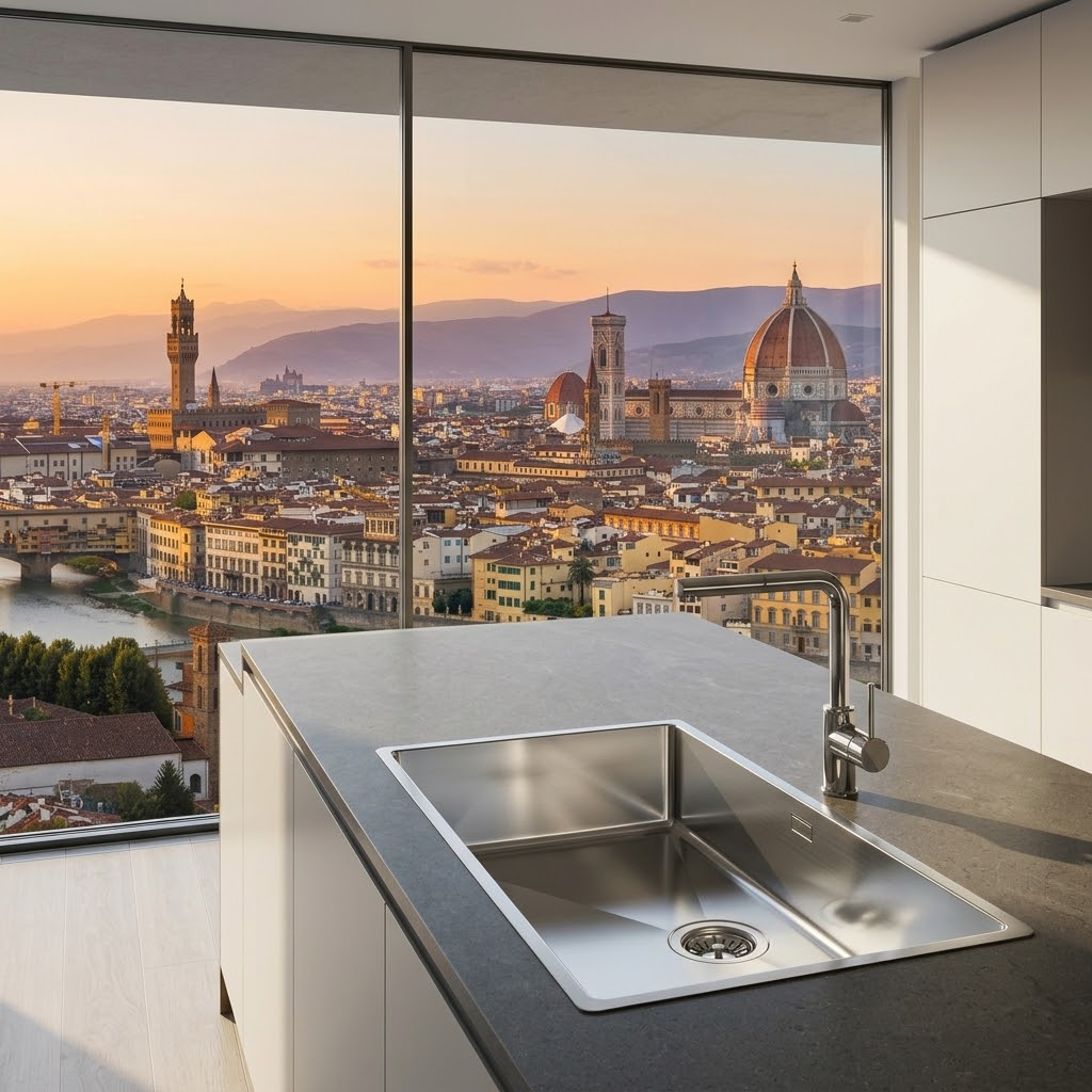 Moderna cucina con lavello integrato e grande finestra che si affaccia sulla città di Firenze al tramonto.