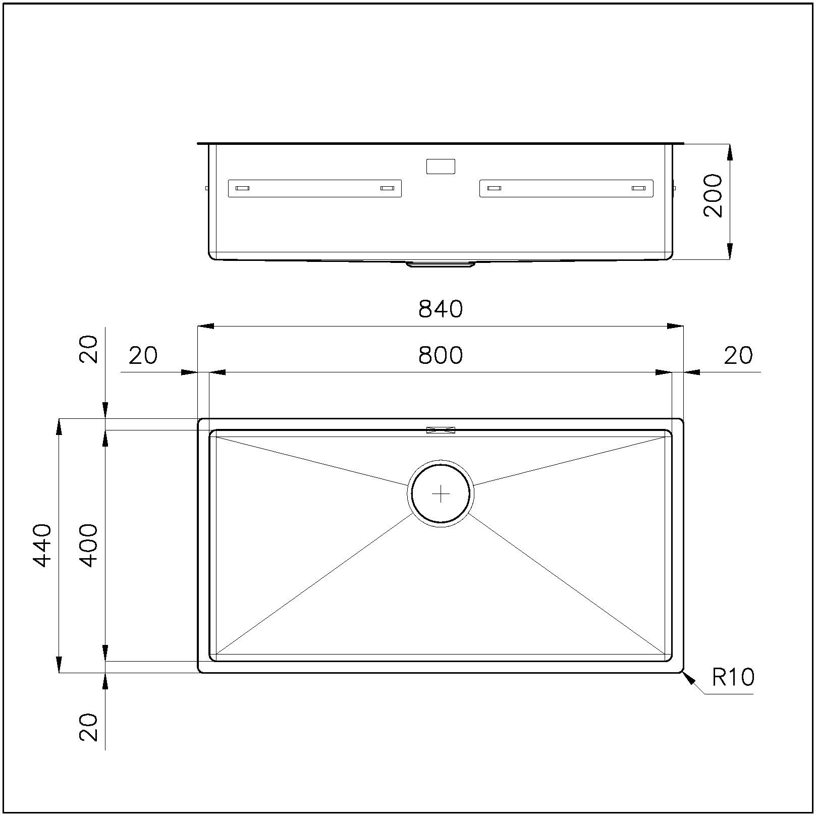 Disegno tecnico di un lavello rettangolare con dimensioni.