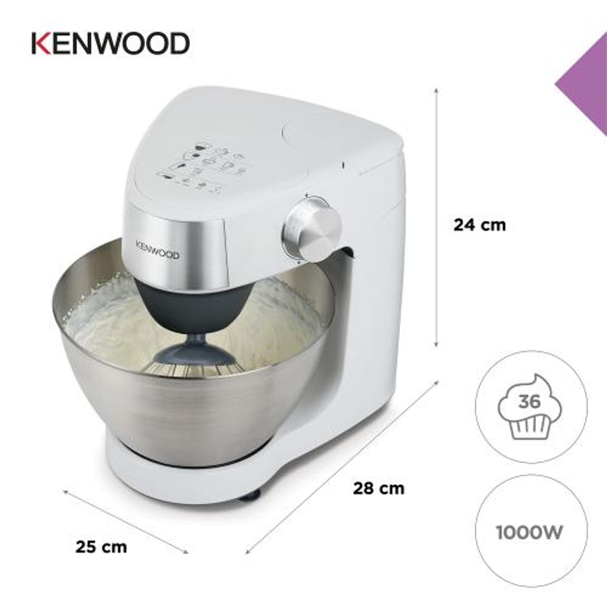 Impastatrice planetaria bianca Kenwood con ciotola in acciaio inox, linee di misura e icone di potenza.