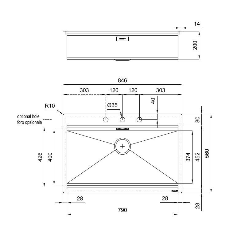 Disegno tecnico di un lavello rettangolare con dimensioni e vista frontale.