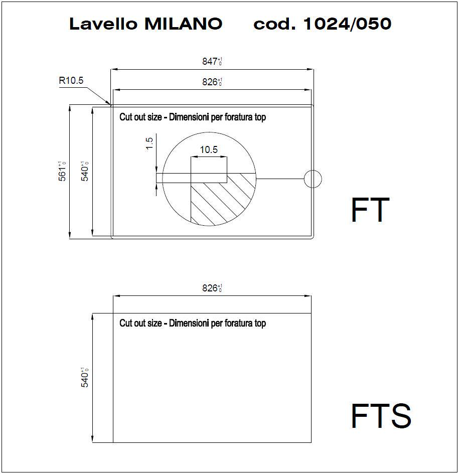 Disegno tecnico con quote per il lavello Lavello MILANO cod. 1024/050.