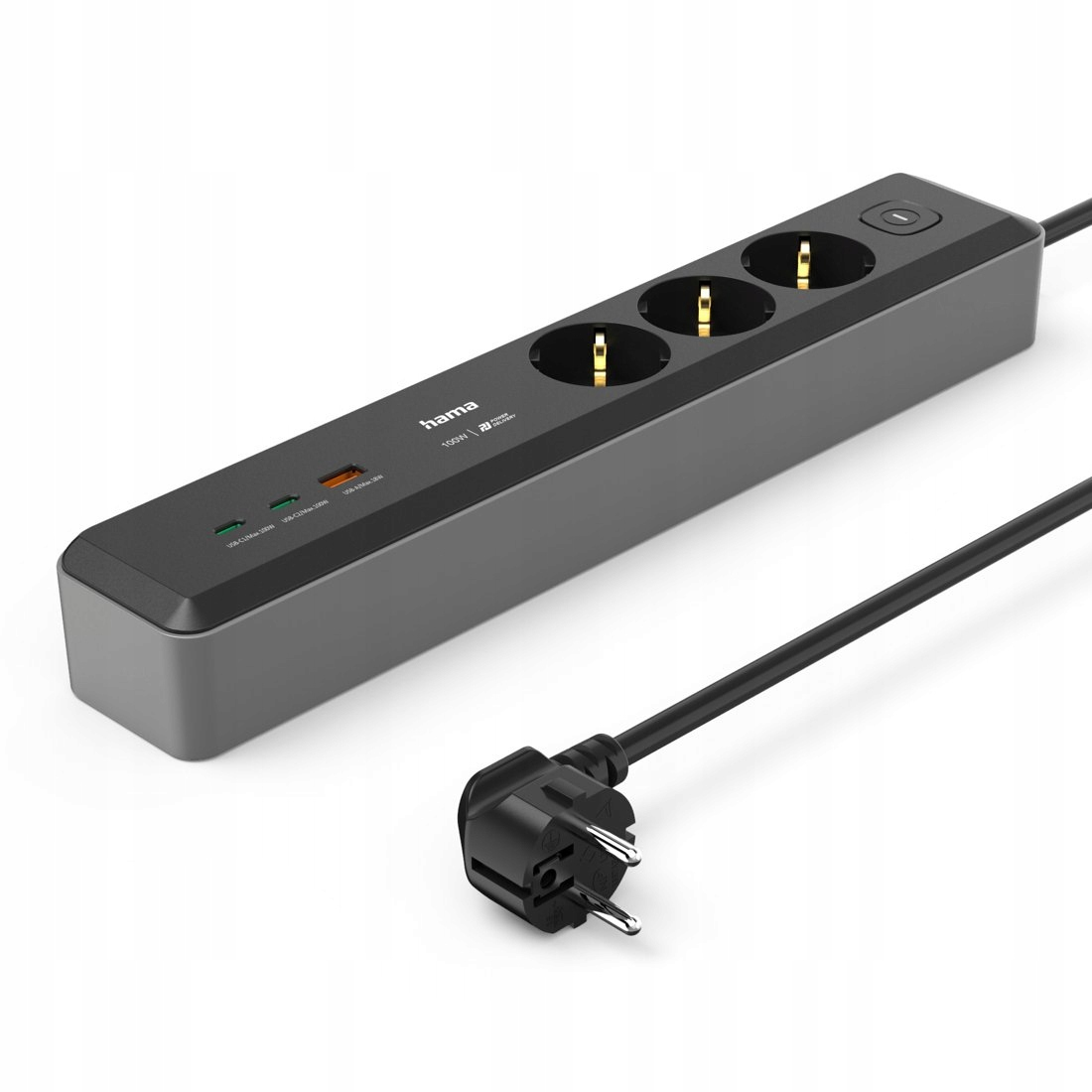 Czarna listwa zasilająca Hama z trzema gniazdami, portami USB, włącznikiem i kablem zasilającym na białym tle.