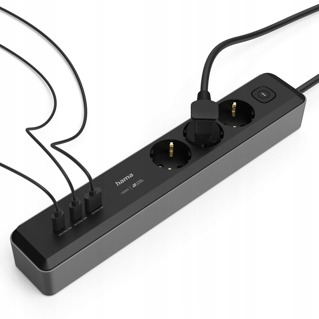 Czarna listwa zasilająca Hama na białym tle, z trzema gniazdami i trzema portami USB z podłączonymi kablami.