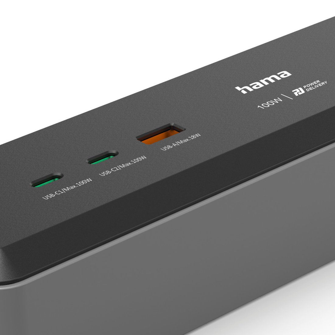 Szara stacja ładująca USB Hama z dwoma portami USB-C i jednym USB-A na białym tle.