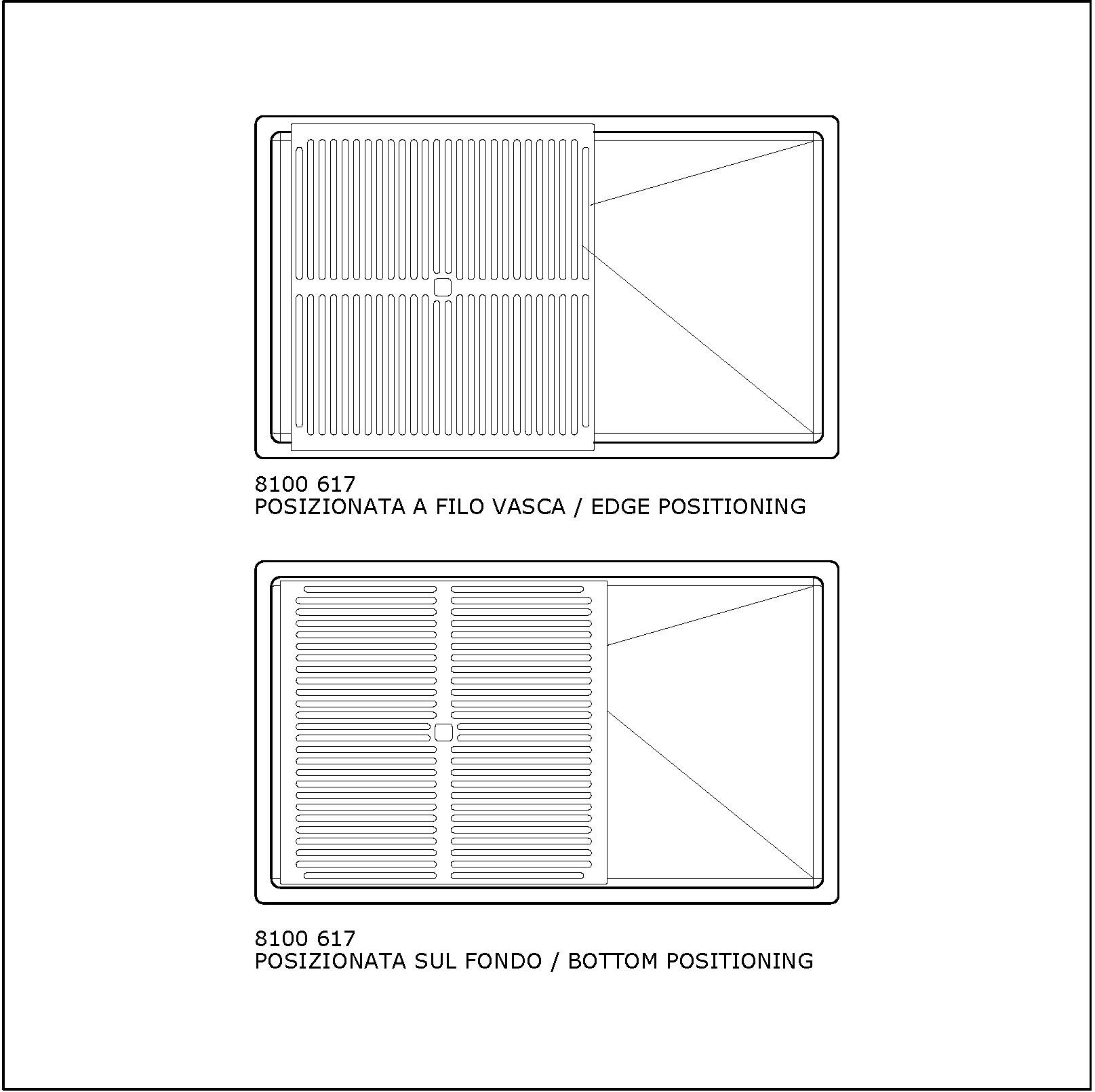 Disegno tecnico che mostra l'accessorio lavello in due posizioni: bordo e fondo.