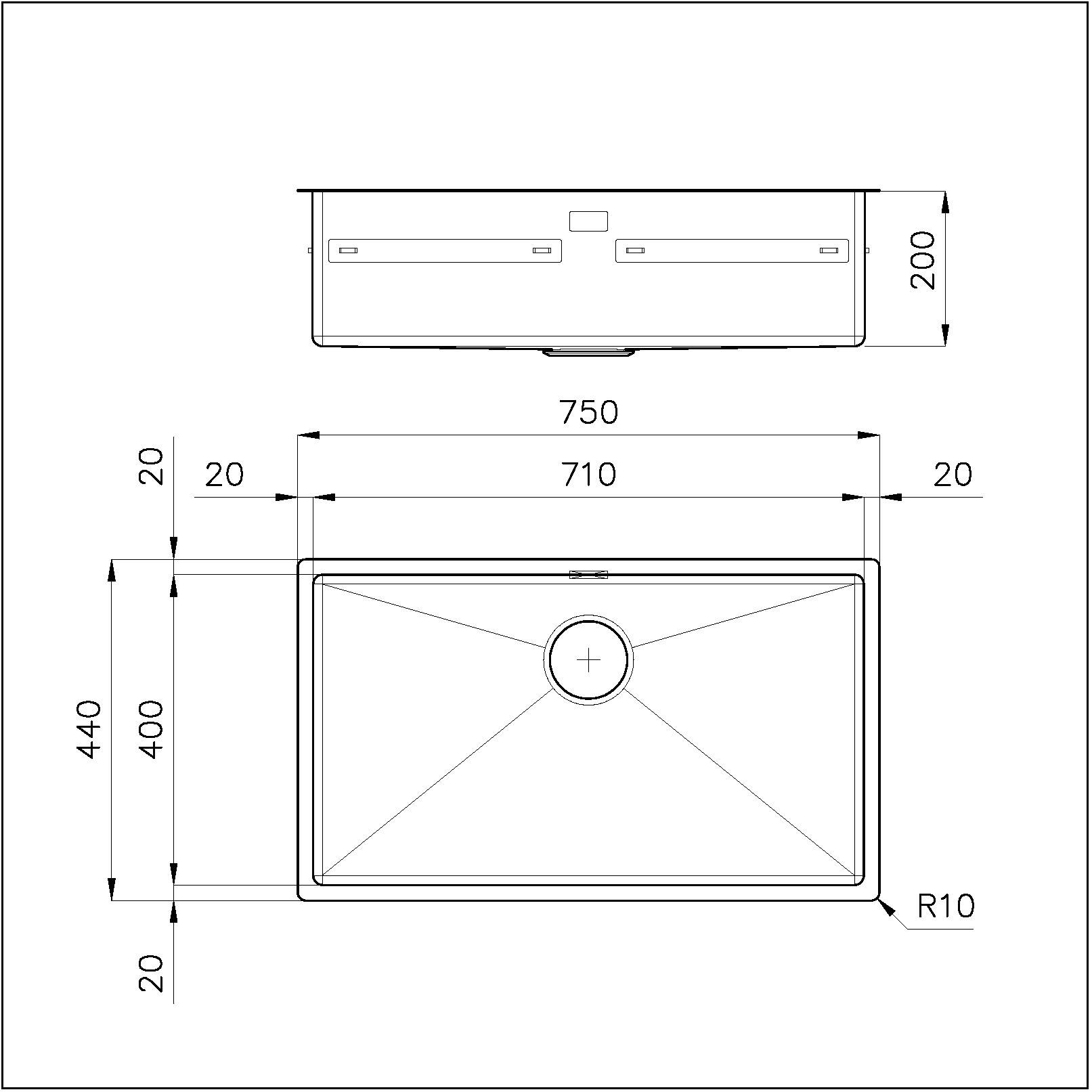 Disegno tecnico di un lavello rettangolare con dimensioni in millimetri.
