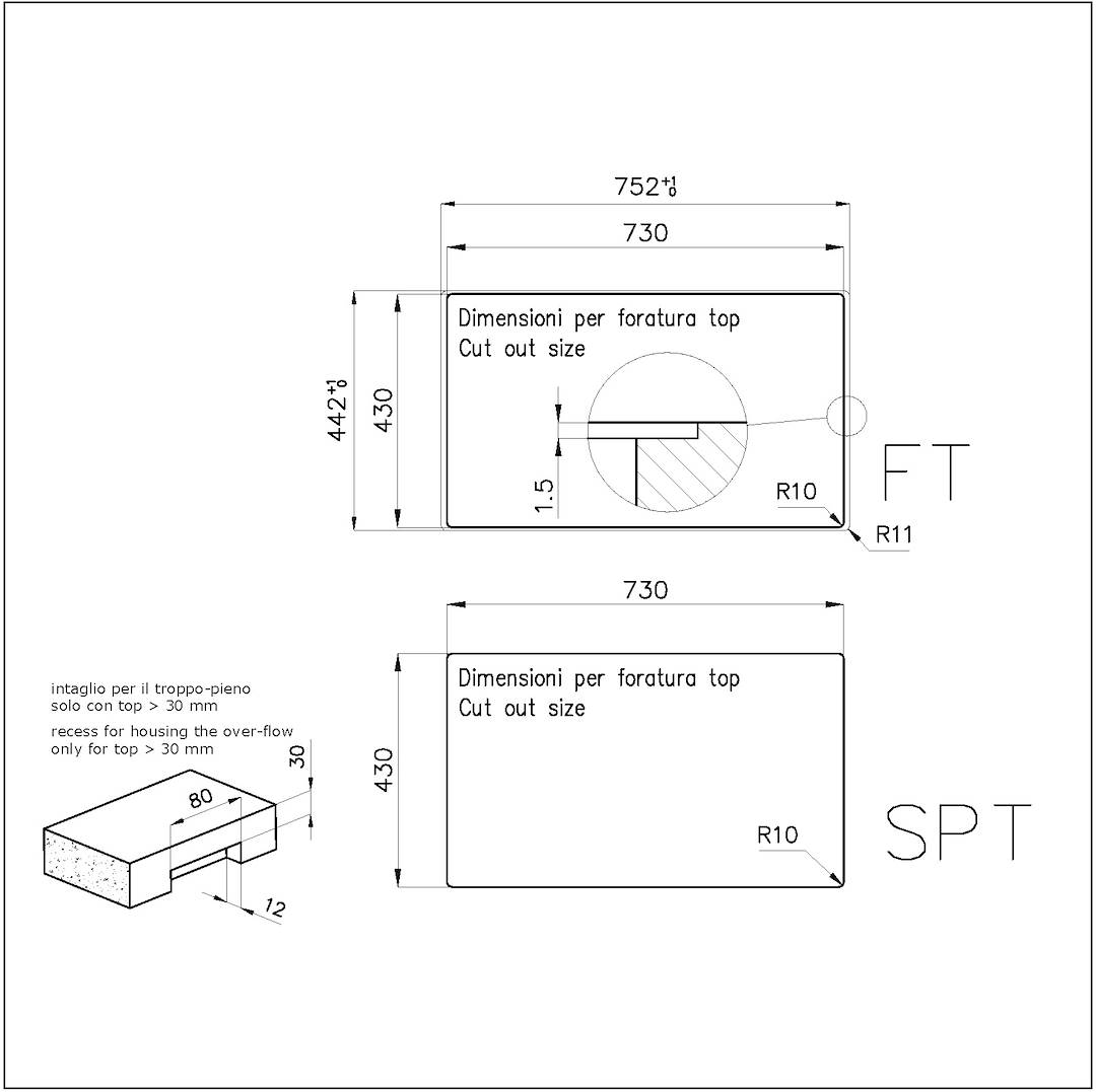Disegno tecnico delle dimensioni di taglio del top con misure in millimetri.