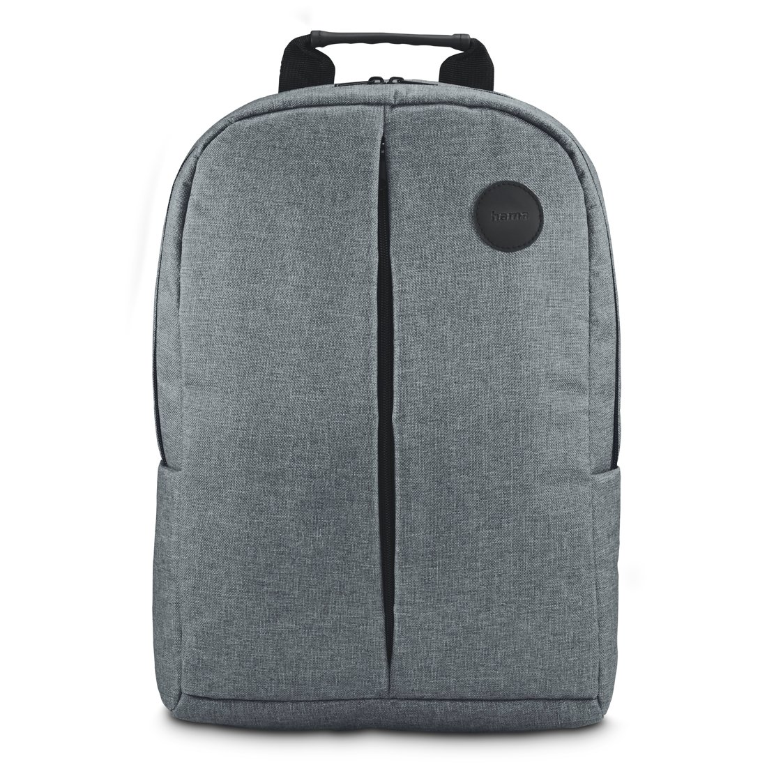Uno zaino grigio con manico nero e logo rotondo, su sfondo bianco.