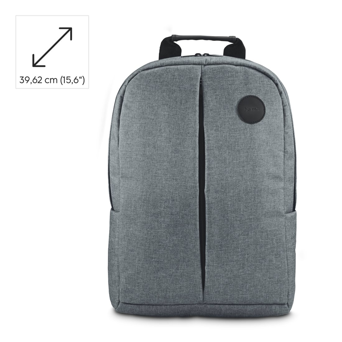 Zaino grigio Hama con cerniera verticale e indicatore di dimensioni di 39,62 cm in alto a sinistra.