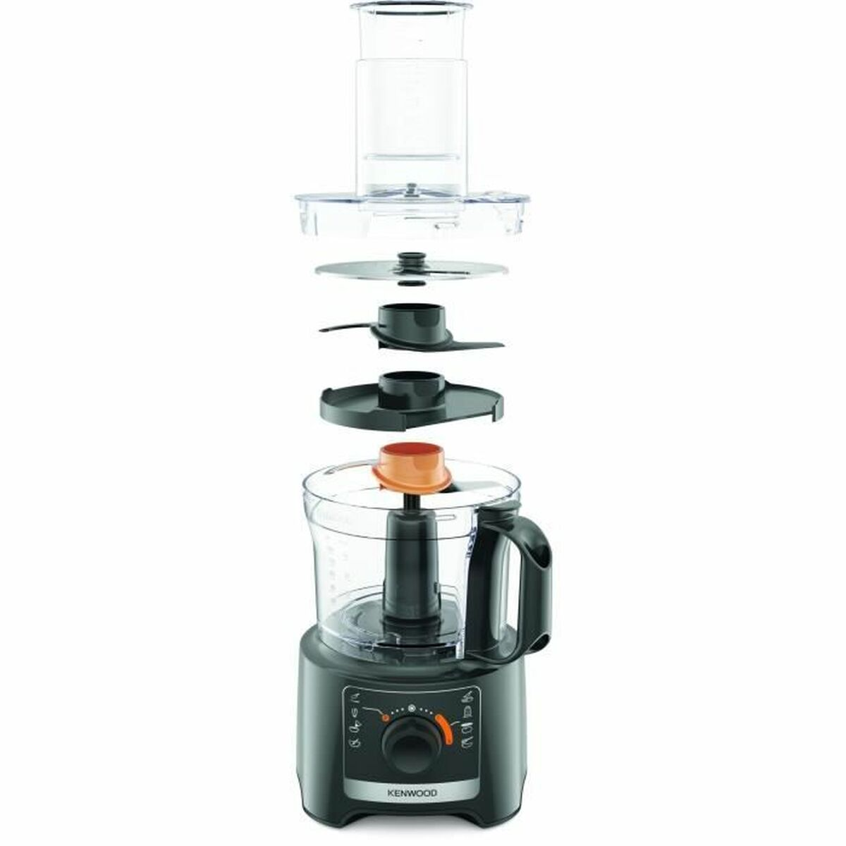 Vista esplosa di un robot da cucina Kenwood nero con gli accessori staccati.