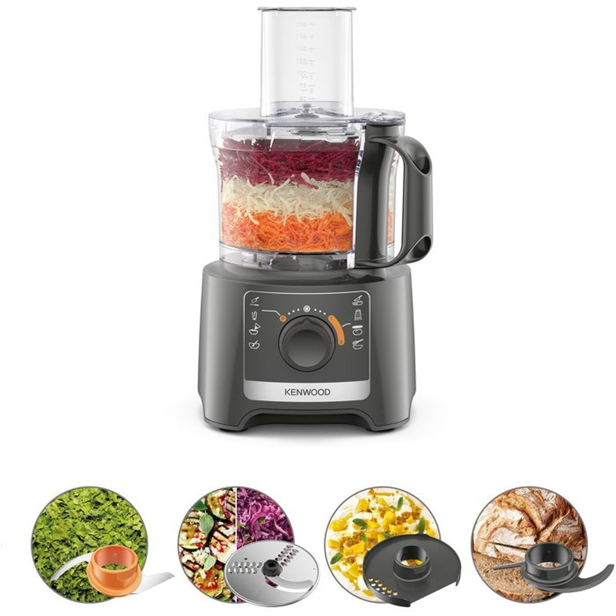 Robot da cucina Kenwood grigio con ciotola piena e quattro accessori con cibi tritati sotto.
