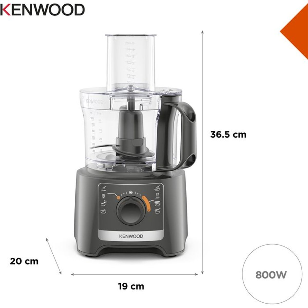 Robot da cucina Kenwood grigio con dimensioni e icona 800W su sfondo bianco.