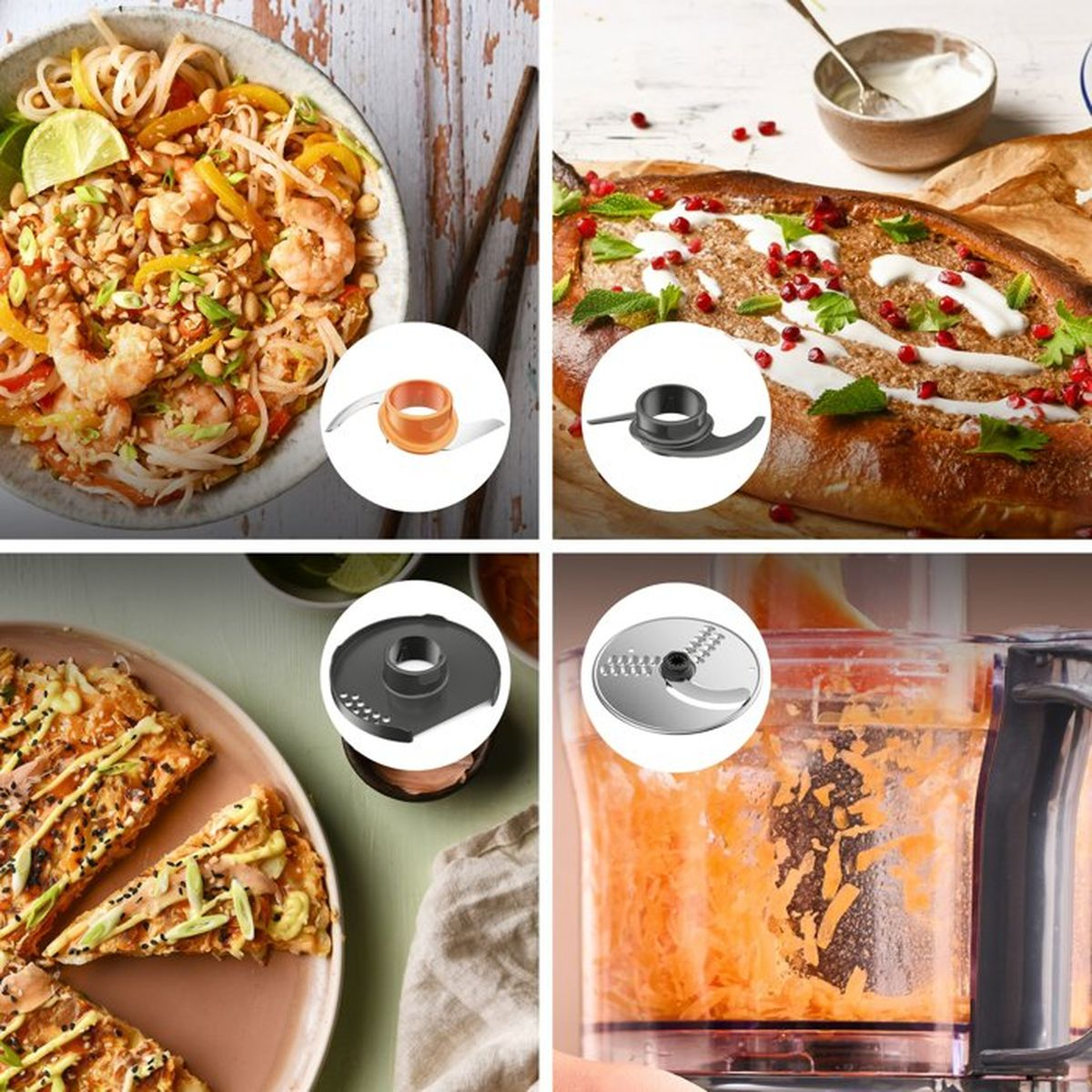 Un collage di vari piatti e accessori per robot da cucina.